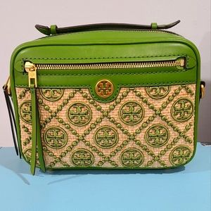 Tory Burch T Monogram Straw Camera Bag